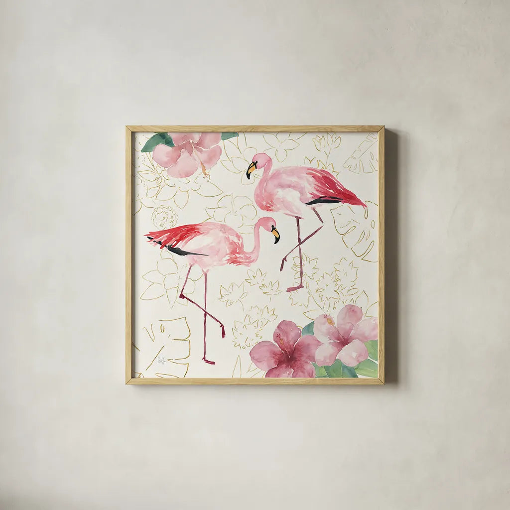 Tropical Fun Bird V with Gold by Harriet Sussman. Shown in a natural wood glass frame for a timeless modern aesthetic. Available as an archival giclee rolled canvas, fine art paper, or poster print. SKU 30971a.