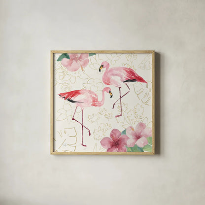 Tropical Fun Bird V with Gold by Harriet Sussman. Shown in a natural wood glass frame for a timeless modern aesthetic. Available as an archival giclee rolled canvas, fine art paper, or poster print. SKU 30971a.