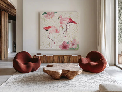 Tropical Fun Bird V with Gold by Harriet Sussman. Shown as extra-large giant wall art in a modern living room. Available as an archival giclee rolled canvas, fine art paper, or poster print. SKU 30971a.