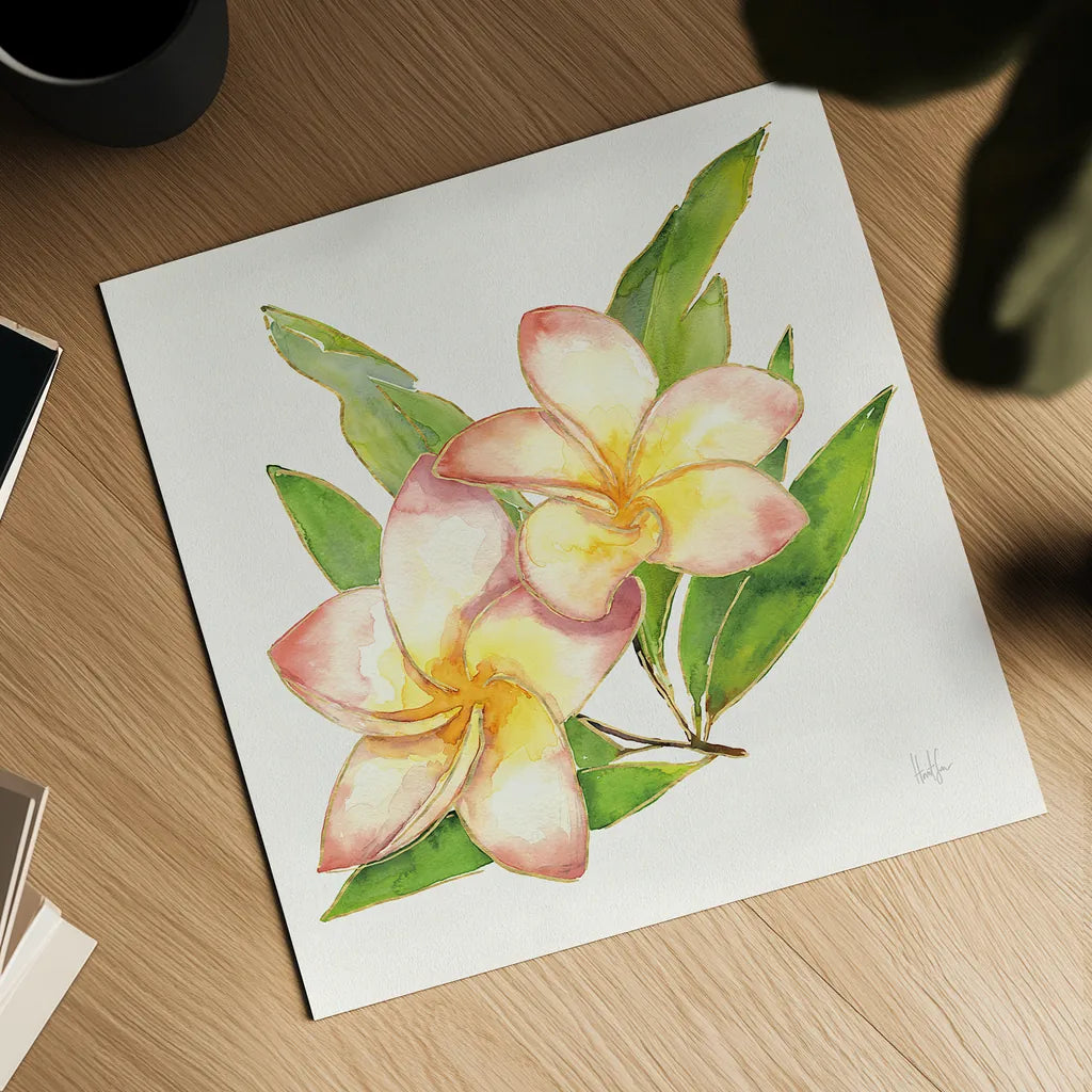 Tropical Fun Flowers I with Gold by Harriet Sussman. Shown as a detailed flat fine art print, highlighting archival giclee quality. Available as an archival giclee rolled canvas, fine art paper, or poster print. SKU 30975a.