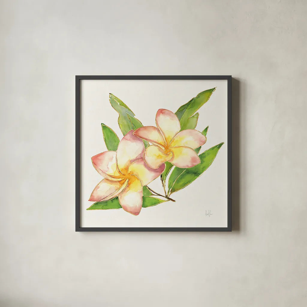 Tropical Fun Flowers I with Gold by Harriet Sussman. Shown in a sleek black glass frame for a contemporary gallery look. Available as an archival giclee rolled canvas, fine art paper, or poster print. SKU 30975a.