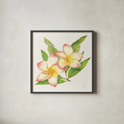 Tropical Fun Flowers I with Gold by Harriet Sussman. Shown in a sleek black glass frame for a contemporary gallery look. Available as an archival giclee rolled canvas, fine art paper, or poster print. SKU 30975a.