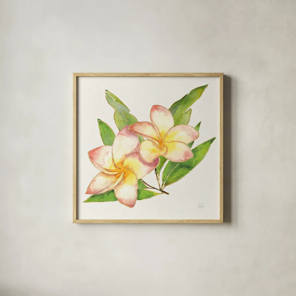 Tropical Fun Flowers I with Gold by Harriet Sussman. Shown in a natural wood glass frame for a timeless modern aesthetic. Available as an archival giclee rolled canvas, fine art paper, or poster print. SKU 30975a.