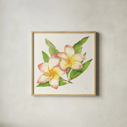 Tropical Fun Flowers I with Gold by Harriet Sussman. Shown in a natural wood glass frame for a timeless modern aesthetic. Available as an archival giclee rolled canvas, fine art paper, or poster print. SKU 30975a.
