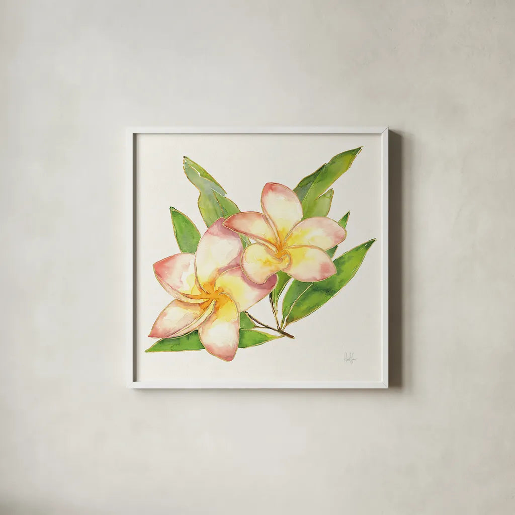Tropical Fun Flowers I with Gold by Harriet Sussman. Shown in a crisp white glass frame for a clean and minimalist style. Available as an archival giclee rolled canvas, fine art paper, or poster print. SKU 30975a.