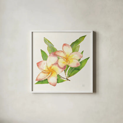 Tropical Fun Flowers I with Gold by Harriet Sussman. Shown in a crisp white glass frame for a clean and minimalist style. Available as an archival giclee rolled canvas, fine art paper, or poster print. SKU 30975a.