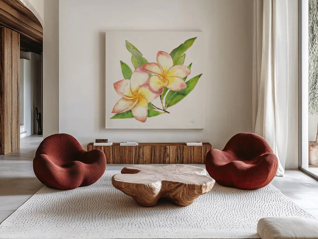 Tropical Fun Flowers I with Gold by Harriet Sussman. Shown as extra-large giant wall art in a modern living room. Available as an archival giclee rolled canvas, fine art paper, or poster print. SKU 30975a.