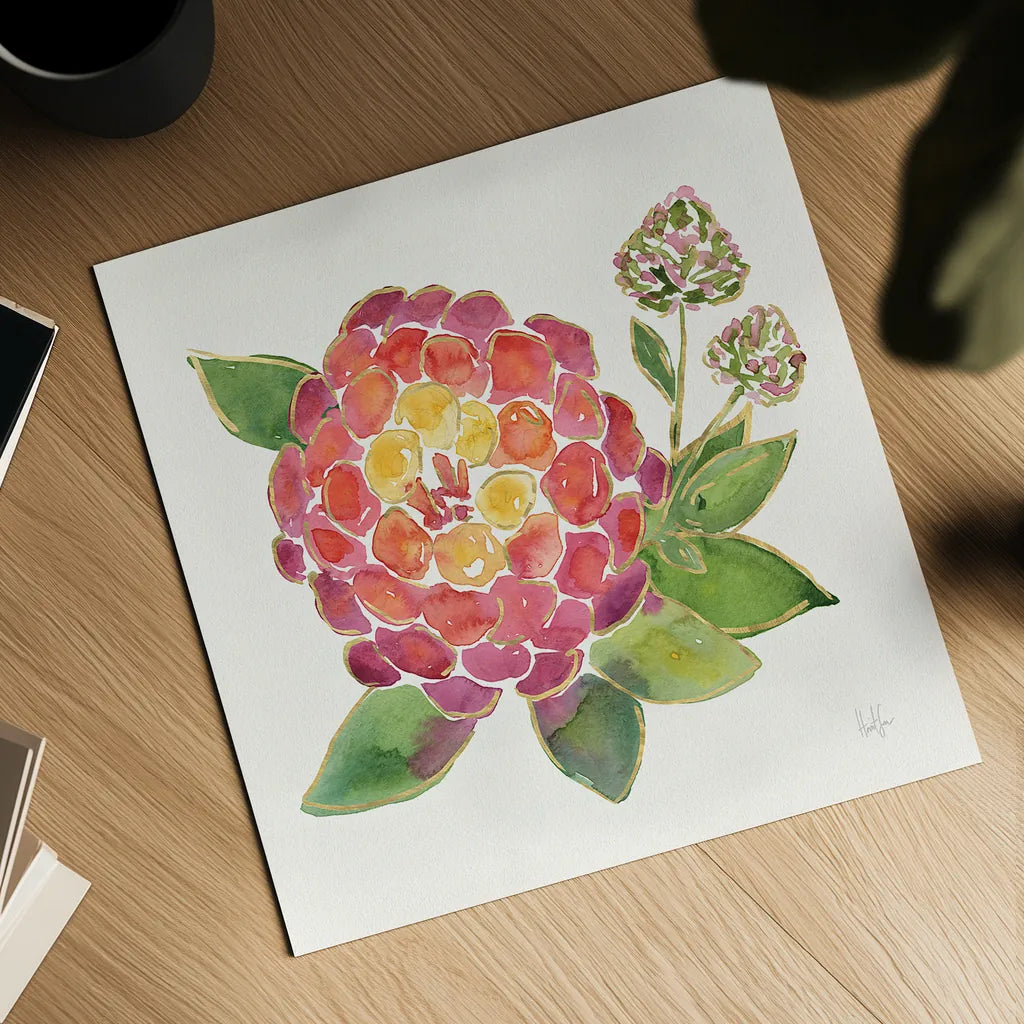 Tropical Fun Flowers II with Gold by Harriet Sussman. Shown as a detailed flat fine art print, highlighting archival giclee quality. Available as an archival giclee rolled canvas, fine art paper, or poster print. SKU 30976a.