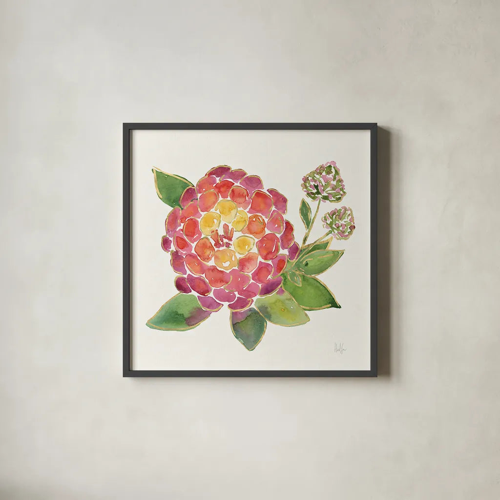 Tropical Fun Flowers II with Gold by Harriet Sussman. Shown in a sleek black glass frame for a contemporary gallery look. Available as an archival giclee rolled canvas, fine art paper, or poster print. SKU 30976a.