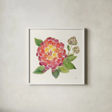 Tropical Fun Flowers II with Gold by Harriet Sussman. Shown in a crisp white glass frame for a clean and minimalist style. Available as an archival giclee rolled canvas, fine art paper, or poster print. SKU 30976a.