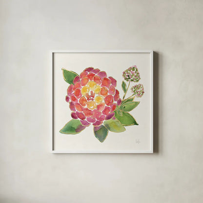 Tropical Fun Flowers II with Gold by Harriet Sussman. Shown in a crisp white glass frame for a clean and minimalist style. Available as an archival giclee rolled canvas, fine art paper, or poster print. SKU 30976a.