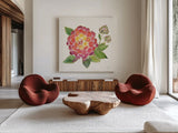 Tropical Fun Flowers II with Gold by Harriet Sussman. Shown as extra-large giant wall art in a modern living room. Available as an archival giclee rolled canvas, fine art paper, or poster print. SKU 30976a.
