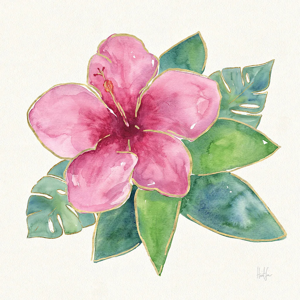 Tropical Fun Flowers III with Gold by Harriet Sussman. SKU 30977a. Archival Giclee Fine art print for wall decor.