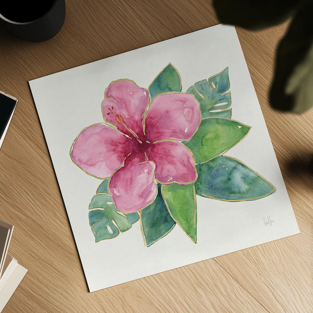 Tropical Fun Flowers III with Gold by Harriet Sussman. Shown as a detailed flat fine art print, highlighting archival giclee quality. Available as an archival giclee rolled canvas, fine art paper, or poster print. SKU 30977a.