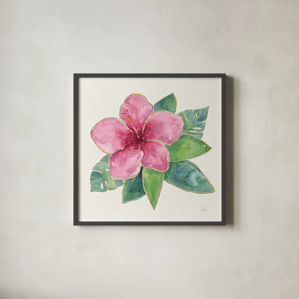 Tropical Fun Flowers III with Gold by Harriet Sussman. Shown in a sleek black glass frame for a contemporary gallery look. Available as an archival giclee rolled canvas, fine art paper, or poster print. SKU 30977a.