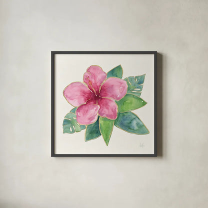 Tropical Fun Flowers III with Gold by Harriet Sussman. Shown in a sleek black glass frame for a contemporary gallery look. Available as an archival giclee rolled canvas, fine art paper, or poster print. SKU 30977a.