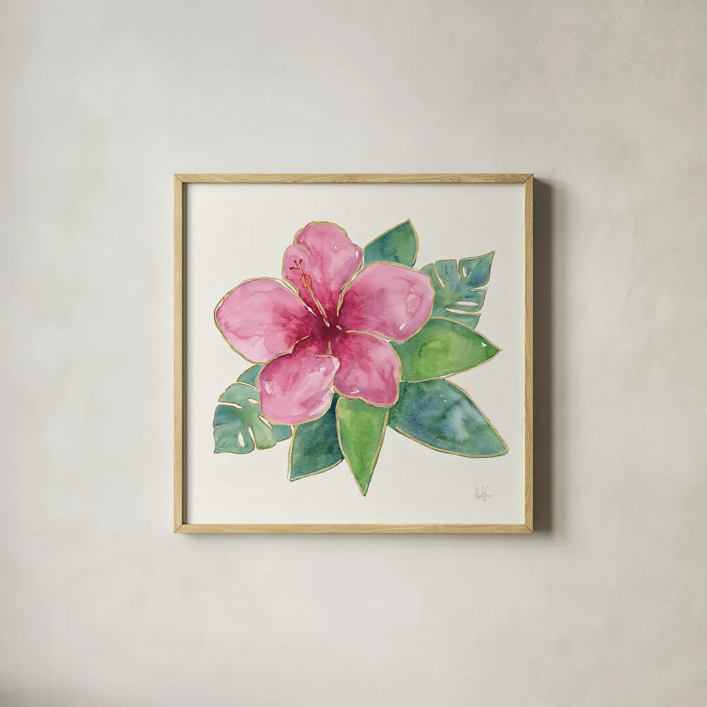 Tropical Fun Flowers III with Gold by Harriet Sussman. Shown in a natural wood glass frame for a timeless modern aesthetic. Available as an archival giclee rolled canvas, fine art paper, or poster print. SKU 30977a.