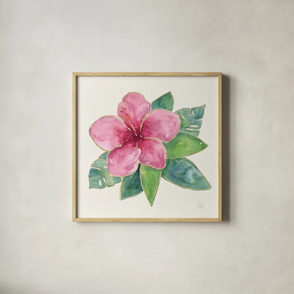 Tropical Fun Flowers III with Gold by Harriet Sussman. Shown in a natural wood glass frame for a timeless modern aesthetic. Available as an archival giclee rolled canvas, fine art paper, or poster print. SKU 30977a.