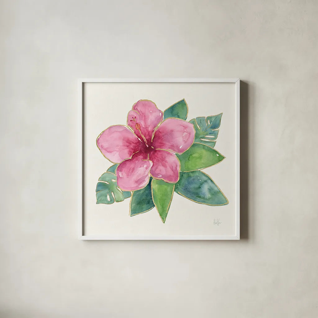 Tropical Fun Flowers III with Gold by Harriet Sussman. Shown in a crisp white glass frame for a clean and minimalist style. Available as an archival giclee rolled canvas, fine art paper, or poster print. SKU 30977a.