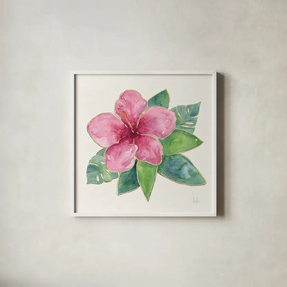 Tropical Fun Flowers III with Gold by Harriet Sussman. Shown in a crisp white glass frame for a clean and minimalist style. Available as an archival giclee rolled canvas, fine art paper, or poster print. SKU 30977a.
