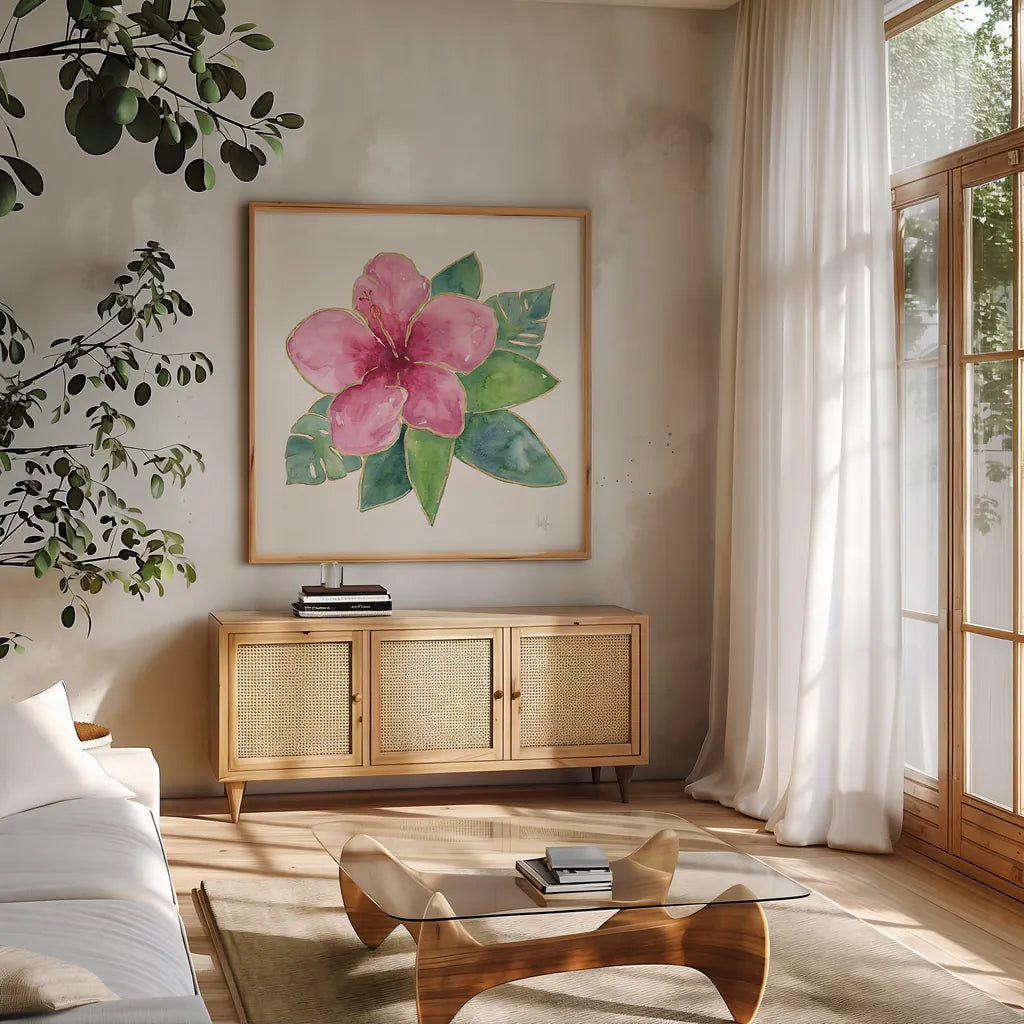 Tropical Fun Flowers III with Gold by Harriet Sussman. Shown in a natural wood frame in a cozy modern living room. Available as an archival giclee rolled canvas, fine art paper, or poster print. SKU 30977a.