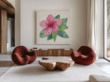 Tropical Fun Flowers III with Gold by Harriet Sussman. Shown as extra-large giant wall art in a modern living room. Available as an archival giclee rolled canvas, fine art paper, or poster print. SKU 30977a.
