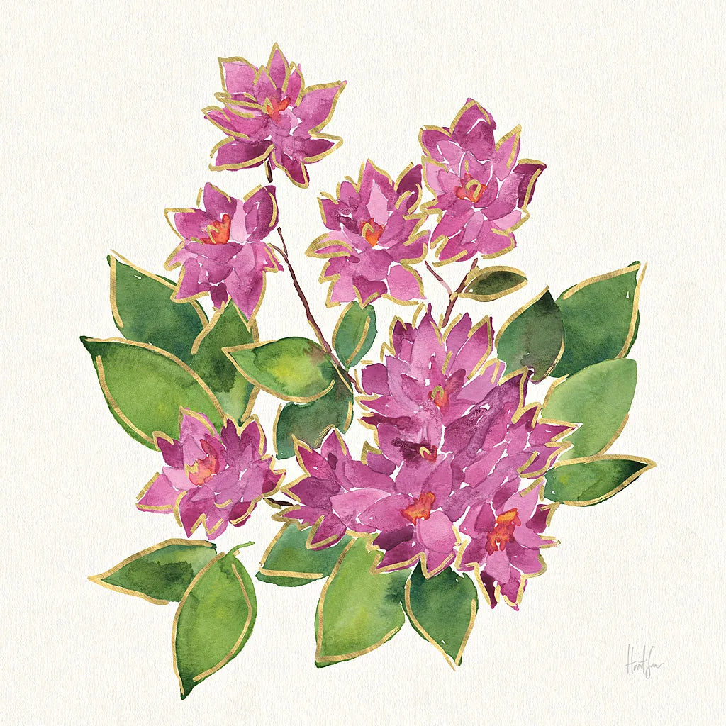 Tropical Fun Flowers IV with Gold by Harriet Sussman. SKU 30978a. Archival Giclee Fine art print for wall decor.