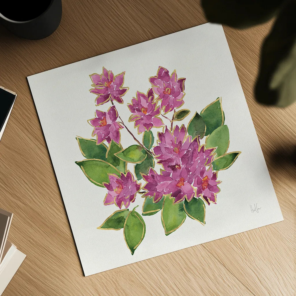 Tropical Fun Flowers IV with Gold by Harriet Sussman. Shown as a detailed flat fine art print, highlighting archival giclee quality. Available as an archival giclee rolled canvas, fine art paper, or poster print. SKU 30978a.