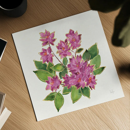 Tropical Fun Flowers IV with Gold by Harriet Sussman. Shown as a detailed flat fine art print, highlighting archival giclee quality. Available as an archival giclee rolled canvas, fine art paper, or poster print. SKU 30978a.