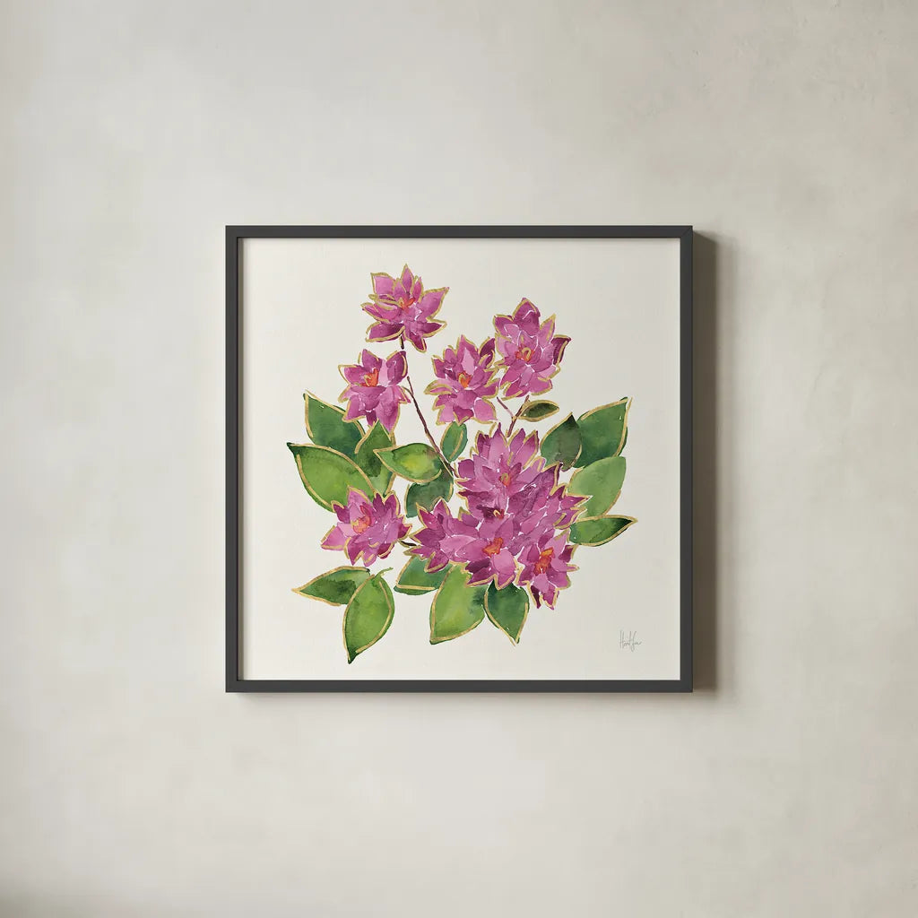 Tropical Fun Flowers IV with Gold by Harriet Sussman. Shown in a sleek black glass frame for a contemporary gallery look. Available as an archival giclee rolled canvas, fine art paper, or poster print. SKU 30978a.