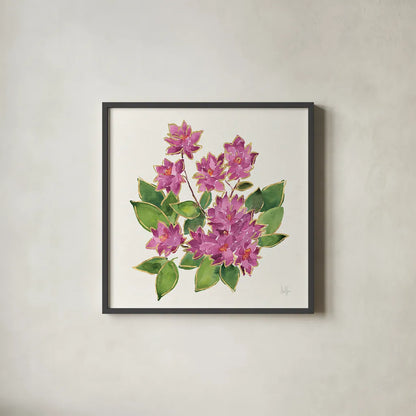 Tropical Fun Flowers IV with Gold by Harriet Sussman. Shown in a sleek black glass frame for a contemporary gallery look. Available as an archival giclee rolled canvas, fine art paper, or poster print. SKU 30978a.