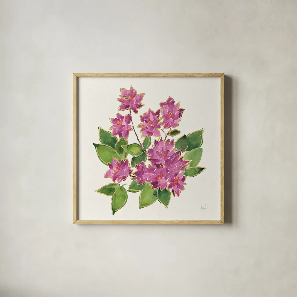 Tropical Fun Flowers IV with Gold by Harriet Sussman. Shown in a natural wood glass frame for a timeless modern aesthetic. Available as an archival giclee rolled canvas, fine art paper, or poster print. SKU 30978a.