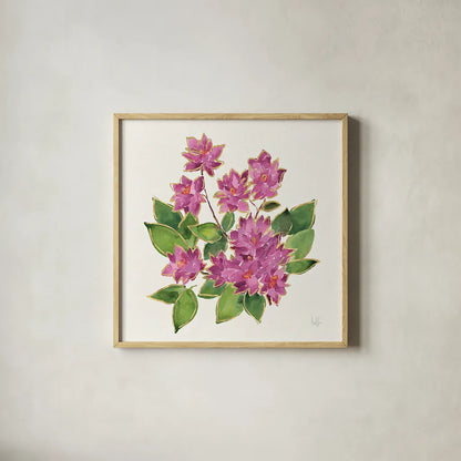 Tropical Fun Flowers IV with Gold by Harriet Sussman. Shown in a natural wood glass frame for a timeless modern aesthetic. Available as an archival giclee rolled canvas, fine art paper, or poster print. SKU 30978a.