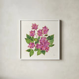 Tropical Fun Flowers IV with Gold by Harriet Sussman. Shown in a crisp white glass frame for a clean and minimalist style. Available as an archival giclee rolled canvas, fine art paper, or poster print. SKU 30978a.