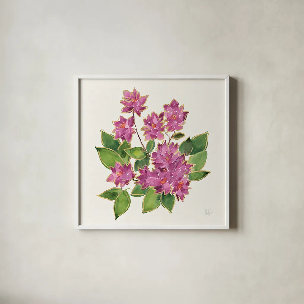 Tropical Fun Flowers IV with Gold by Harriet Sussman. Shown in a crisp white glass frame for a clean and minimalist style. Available as an archival giclee rolled canvas, fine art paper, or poster print. SKU 30978a.