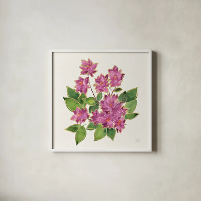 Tropical Fun Flowers IV with Gold by Harriet Sussman. Shown in a crisp white glass frame for a clean and minimalist style. Available as an archival giclee rolled canvas, fine art paper, or poster print. SKU 30978a.