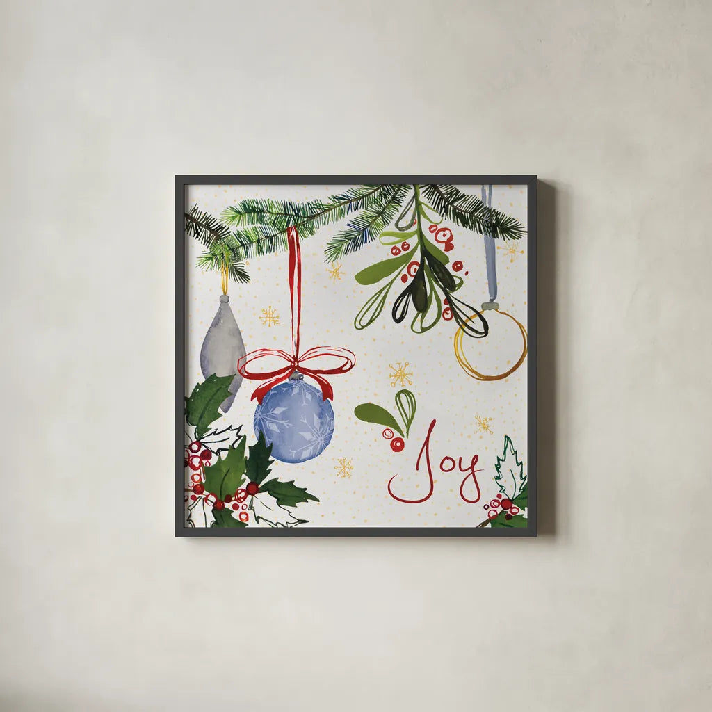 Watercolor Christmas I by Harriet Sussman. Shown in a sleek black glass frame for a contemporary gallery look. Available as an archival giclee rolled canvas, fine art paper, or poster print. SKU 30810a.