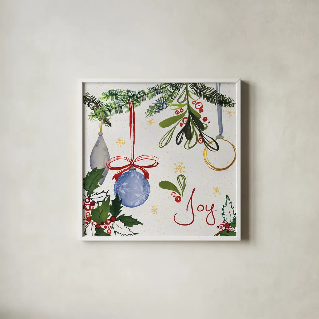 Watercolor Christmas I by Harriet Sussman. Shown in a crisp white glass frame for a clean and minimalist style. Available as an archival giclee rolled canvas, fine art paper, or poster print. SKU 30810a.
