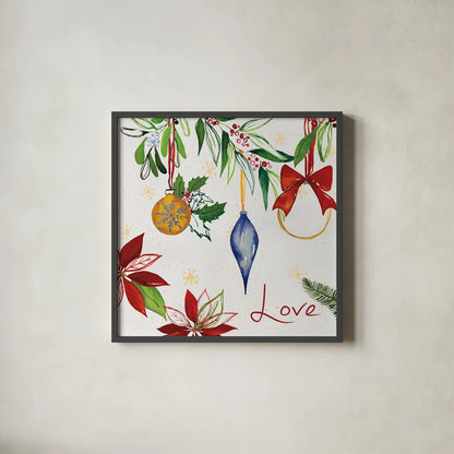 Watercolor Christmas II by Harriet Sussman. Shown in a sleek black glass frame for a contemporary gallery look. Available as an archival giclee rolled canvas, fine art paper, or poster print. SKU 30811a.