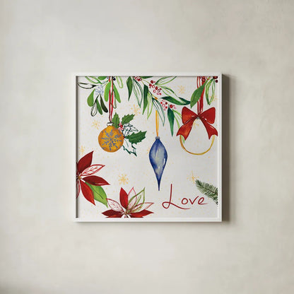 Watercolor Christmas II by Harriet Sussman. Shown in a crisp white glass frame for a clean and minimalist style. Available as an archival giclee rolled canvas, fine art paper, or poster print. SKU 30811a.