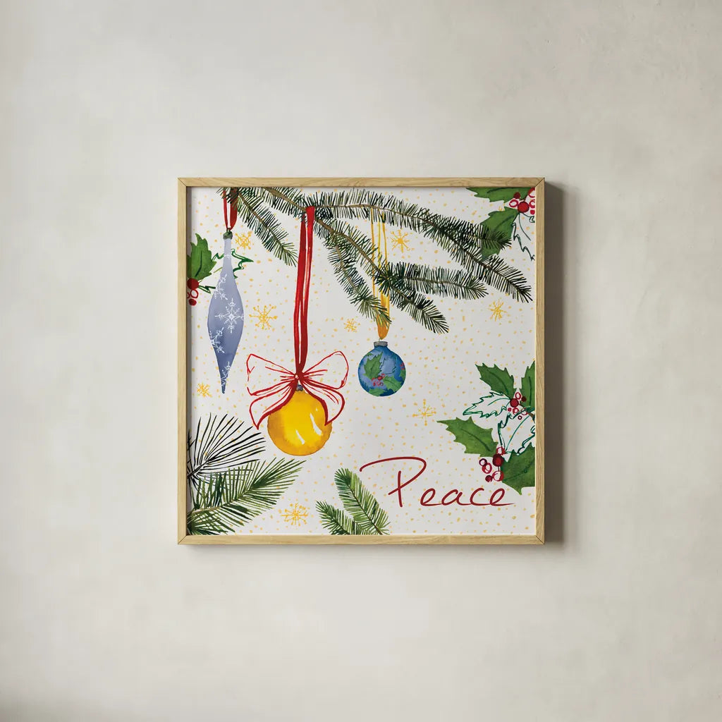 Watercolor Christmas III by Harriet Sussman. Shown in a natural wood glass frame for a timeless modern aesthetic. Available as an archival giclee rolled canvas, fine art paper, or poster print. SKU 30812a.