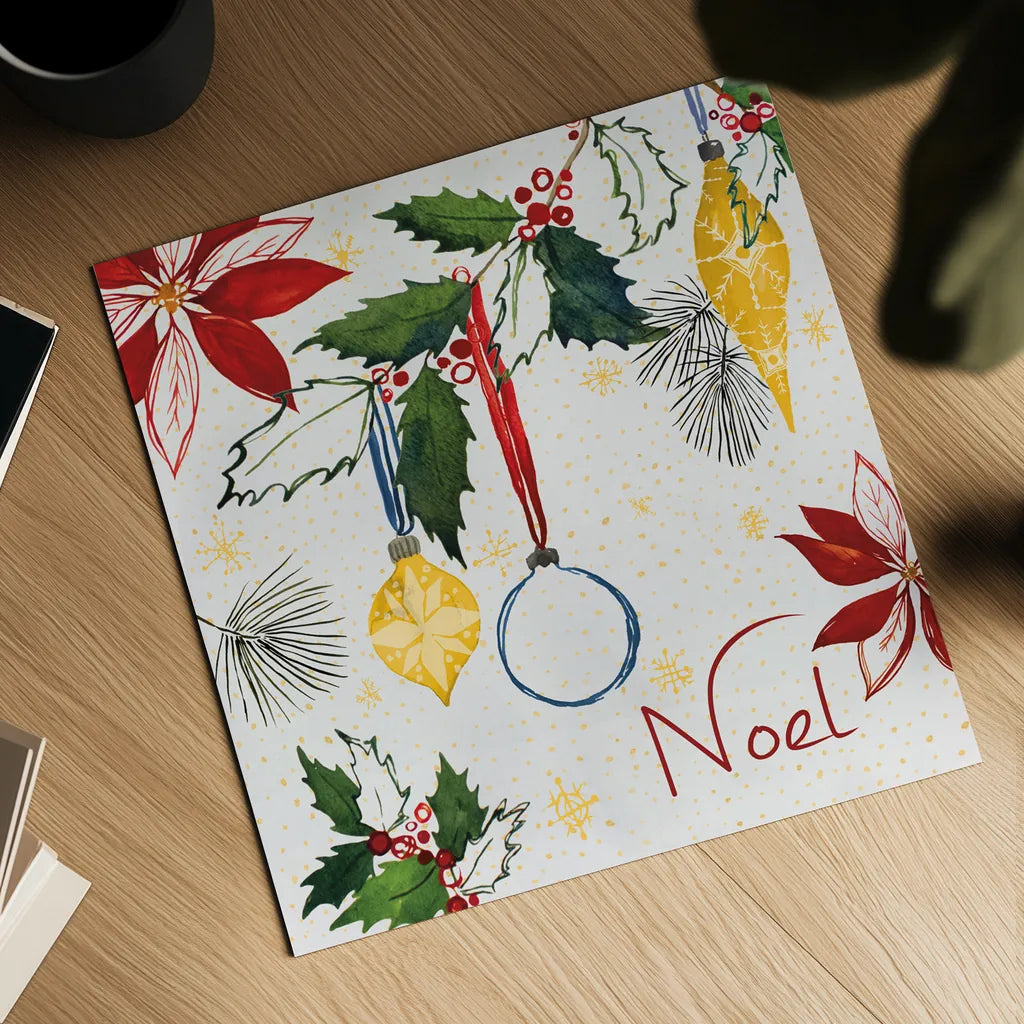 Watercolor Christmas IV by Harriet Sussman. Shown as a detailed flat fine art print, highlighting archival giclee quality. Available as an archival giclee rolled canvas, fine art paper, or poster print. SKU 30813a.