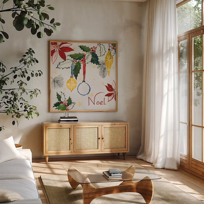 Watercolor Christmas IV by Harriet Sussman. Shown in a natural wood frame in a cozy modern living room. Available as an archival giclee rolled canvas, fine art paper, or poster print. SKU 30813a.