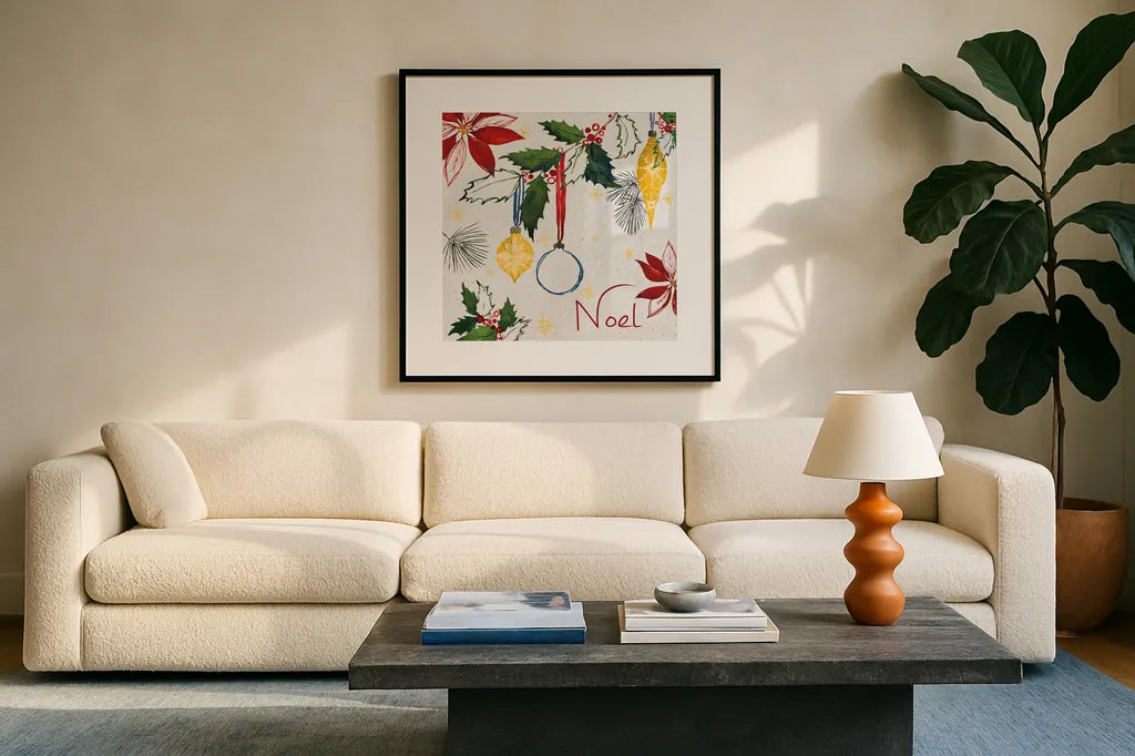 Watercolor Christmas IV by Harriet Sussman. Displayed in a glass frame with matte in a clean modern living room. Available as an archival giclee rolled canvas, fine art paper, or poster print. SKU 30813a.