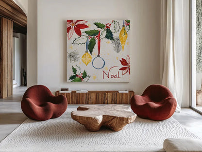 Watercolor Christmas IV by Harriet Sussman. Shown as extra-large giant wall art in a modern living room. Available as an archival giclee rolled canvas, fine art paper, or poster print. SKU 30813a.