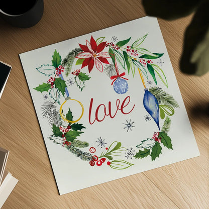 Watercolor Christmas V by Harriet Sussman. Shown as a detailed flat fine art print, highlighting archival giclee quality. Available as an archival giclee rolled canvas, fine art paper, or poster print. SKU 30814a.