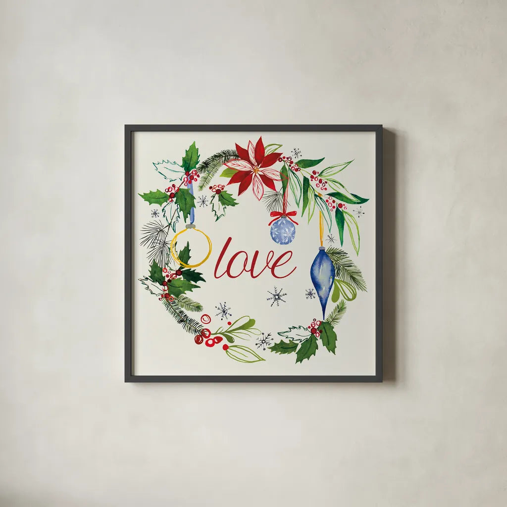 Watercolor Christmas V by Harriet Sussman. Shown in a sleek black glass frame for a contemporary gallery look. Available as an archival giclee rolled canvas, fine art paper, or poster print. SKU 30814a.
