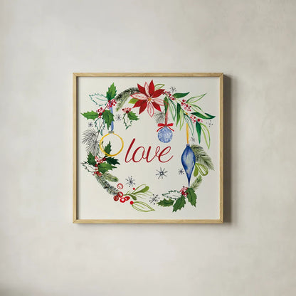 Watercolor Christmas V by Harriet Sussman. Shown in a natural wood glass frame for a timeless modern aesthetic. Available as an archival giclee rolled canvas, fine art paper, or poster print. SKU 30814a.