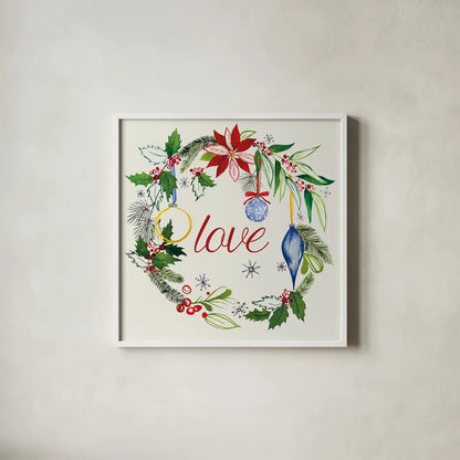 Watercolor Christmas V by Harriet Sussman. Shown in a crisp white glass frame for a clean and minimalist style. Available as an archival giclee rolled canvas, fine art paper, or poster print. SKU 30814a.