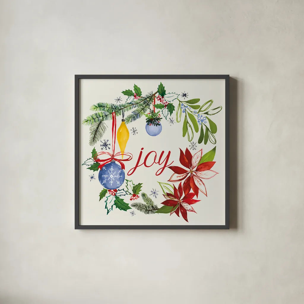 Watercolor Christmas VI by Harriet Sussman. Shown in a sleek black glass frame for a contemporary gallery look. Available as an archival giclee rolled canvas, fine art paper, or poster print. SKU 30815a.